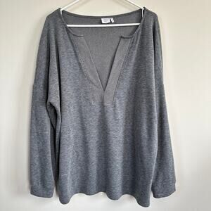 SIMPLE Suzanne Betro Shirt Split V-Neck Long Sleeve Top Gray Women's Plus 1X